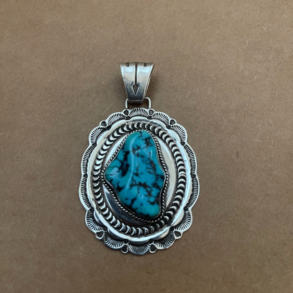 Authentic Navajo Sterling Silver Large Pendant with Turquoise by Sunshine Reeves - Picture 6 of 7